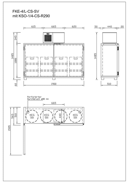 Technische Zeichnung des Fasskühlers FKE 4/L-CS-SV für 4 Fässer, inklusive Maße und Details.