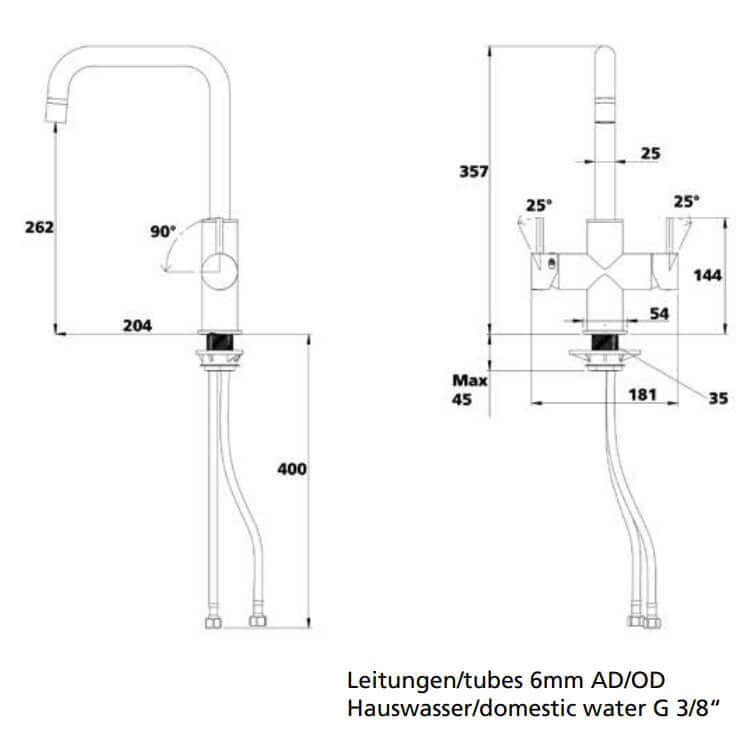 Sodawasserhahn INOX Long technische Zeichnung mit Abmessungen und Anschlüssen für Wasseranschluss.