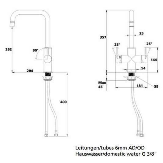 Sodawasserhahn INOX Long technische Zeichnung mit Abmessungen und Anschlüssen für Wasseranschluss.