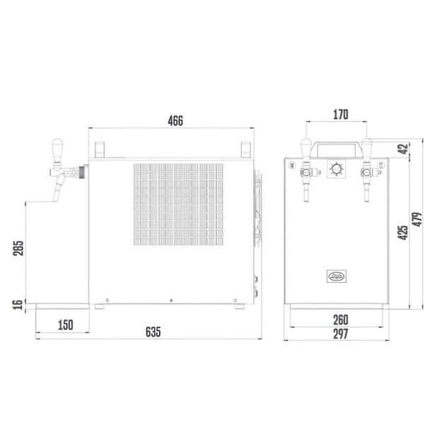 Technical drawing of the Lindr Soda Kontakt 70 Green Line, showcasing dimensions and design features for a professional water dispenser.