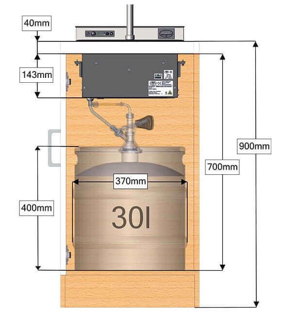 Technical diagram of Lindr Pygmy Pro Kitchen beer tap system with dimensions for installation.