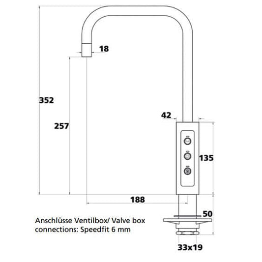 Sodawasserhahn MISA 2000 Diagramm mit Maßen und Ventilbox-Anschlüssen für Sprudelwasser, Kaltwasser und naturell.