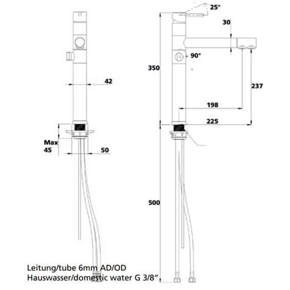 Soda Wasserhahn MISA Single technische Zeichnung mit Abmessungen und Anschlüssen für Hauswasser