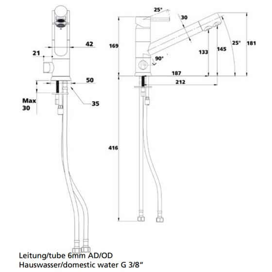 Soda Wasserhahn MISA Turn, 3-leitig, technische Zeichnung mit Abmessungen für Hauswasseranschluss.
