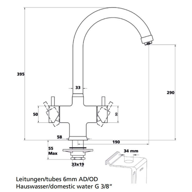 Soda Wasserhahn Multifive Round technical drawing with dimensions and connections for domestic water G 3/8".