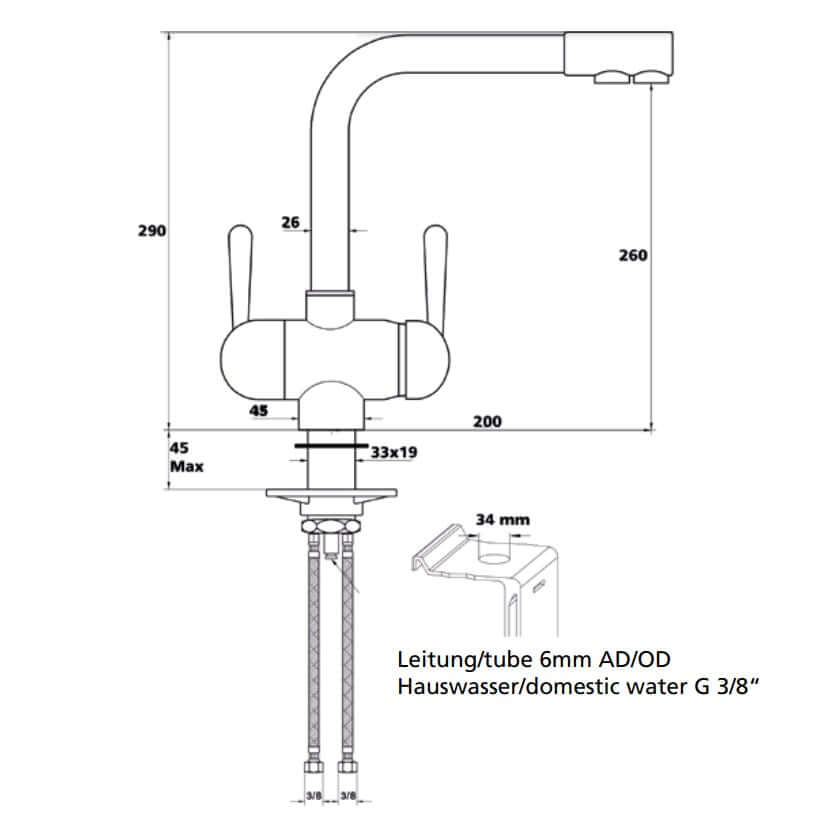 Soda Wasserhahn Multithree technische Zeichnung mit drei Anschlüssen für Wasserversorgung in der Küche.