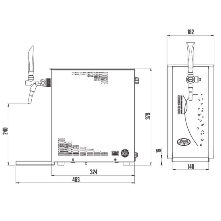 Technical diagram of Lindr PYGMY Exclusive 25K beer dispensing unit showing dimensions and features.