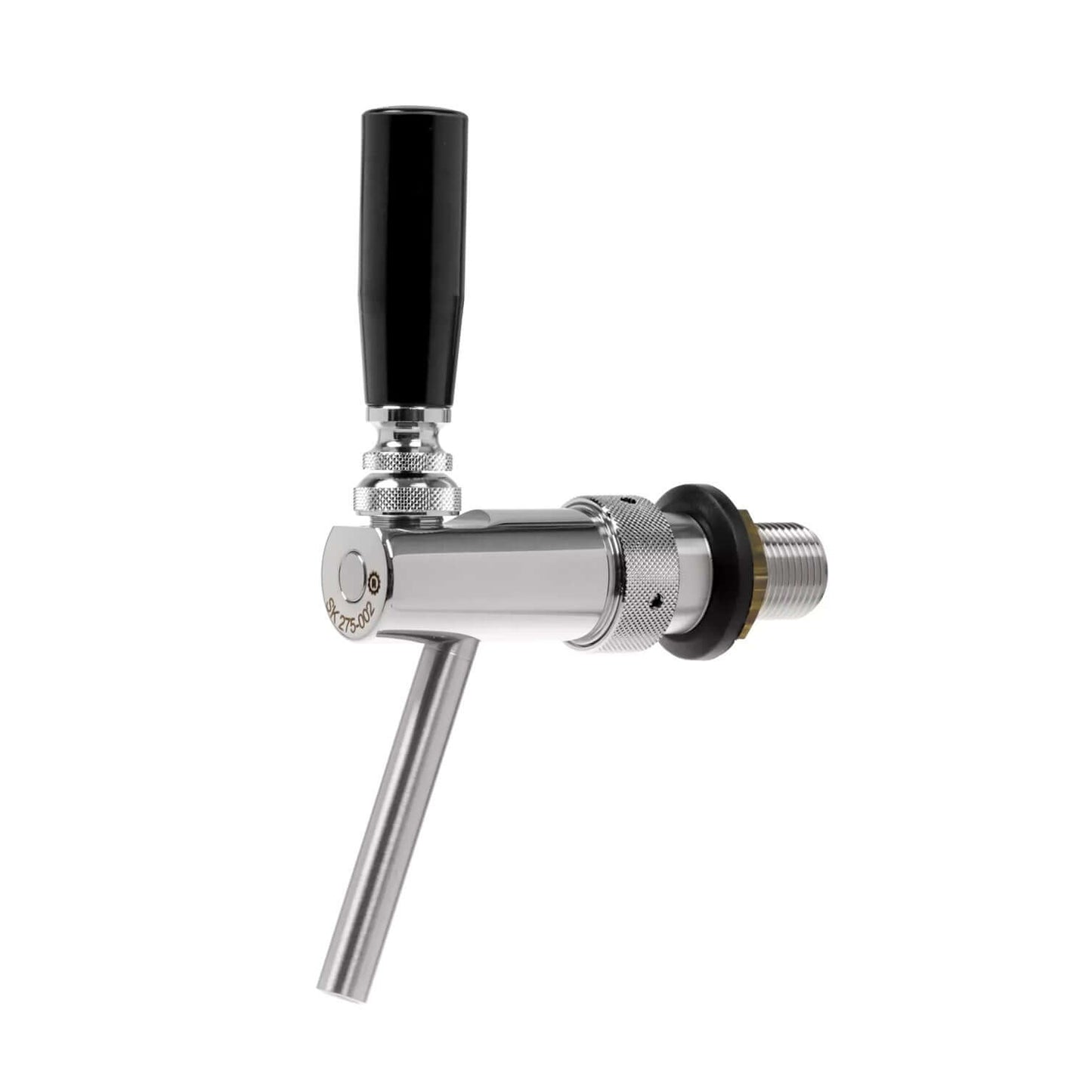 Raffeiner Eurostar Edelstahl Zapfhahn silber mit schwarzem Hebel und glattem Auslauf für perfekte Getränkezapfung.