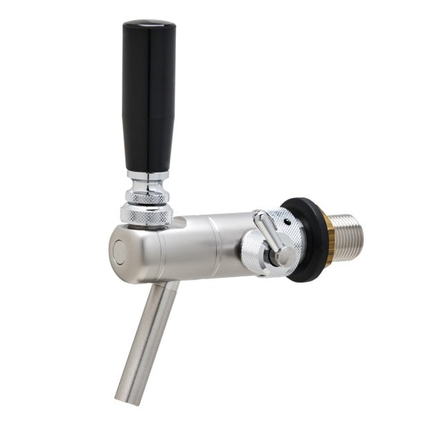 Raffeiner Junior Edelstahl Schankhahn mit schwarzem Hebel und glänzender Oberfläche zur Getränkebereitstellung.