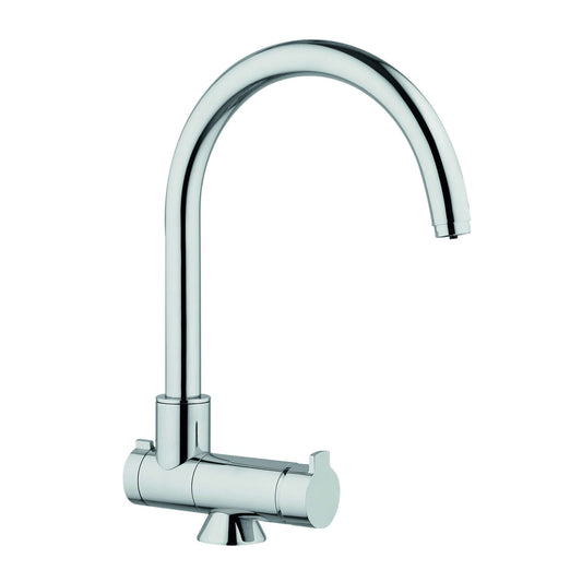 Sodawasserhahn Flex in glänzendem Chrom-Design, mit kippbarem Auslauf und integrierter Mischbatterie für Hauswasser.