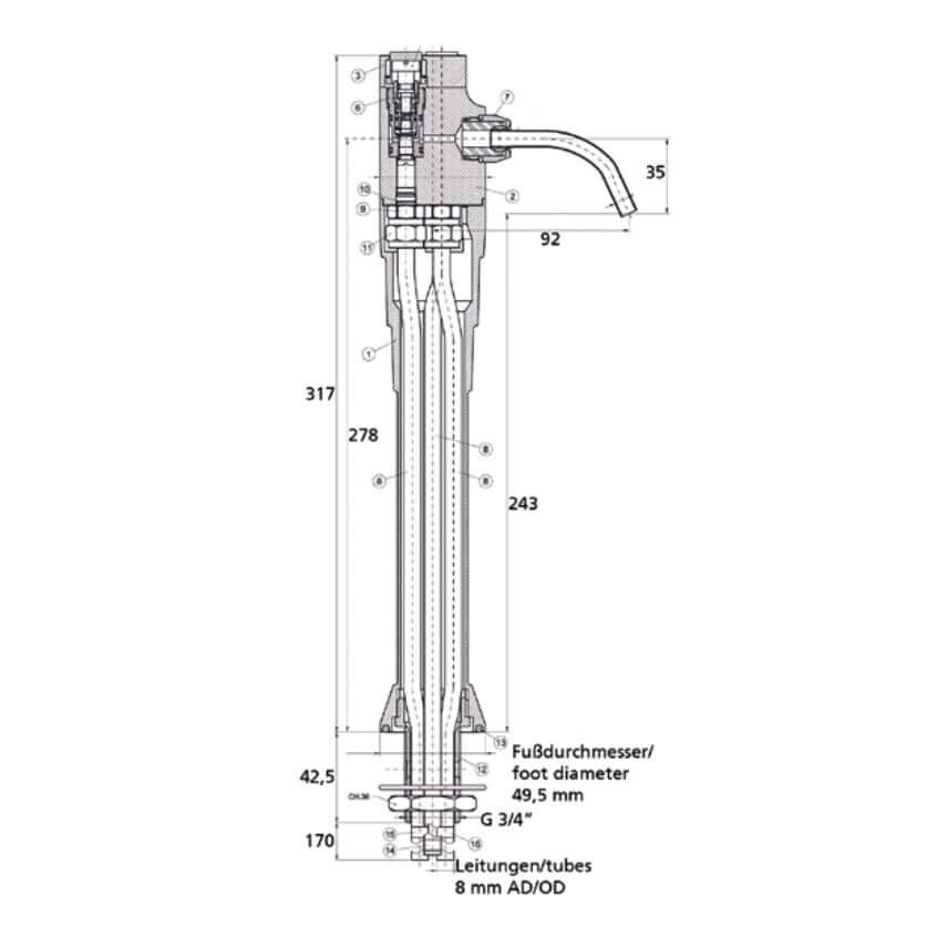 Technische Zeichnung der Wasserschanksäule Hydra mit Maßen und Anschlussdetails