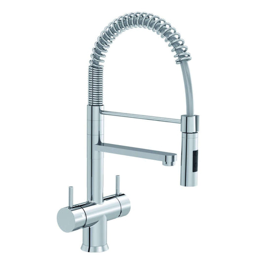 Soda Wasserhahn Mollone, eleganter chromfarbener Wasserhahn mit verstellbarem Auslauf und federndem Schlauch.