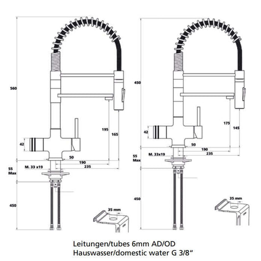 Technische Zeichnung des Soda Wasserhahn Mollone mit 3 Leitungen und flexiblen Federschlauch.