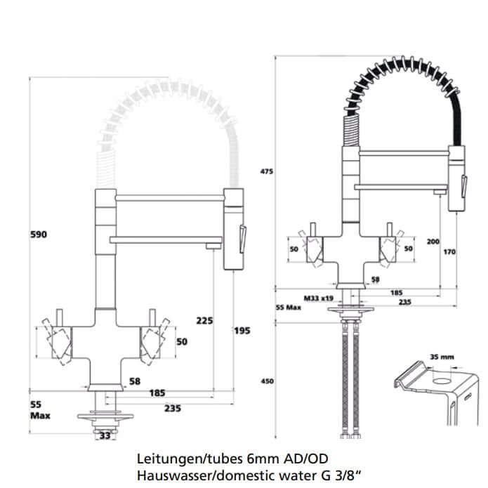 Soda Wasserhahn Mollone with dimensions for domestic water connections and adjustable spout.