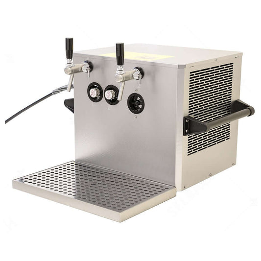 Selbach Typ Hessen Zapfanlage with two taps, stainless steel design, compact draft system, equipped with pressure regulators.