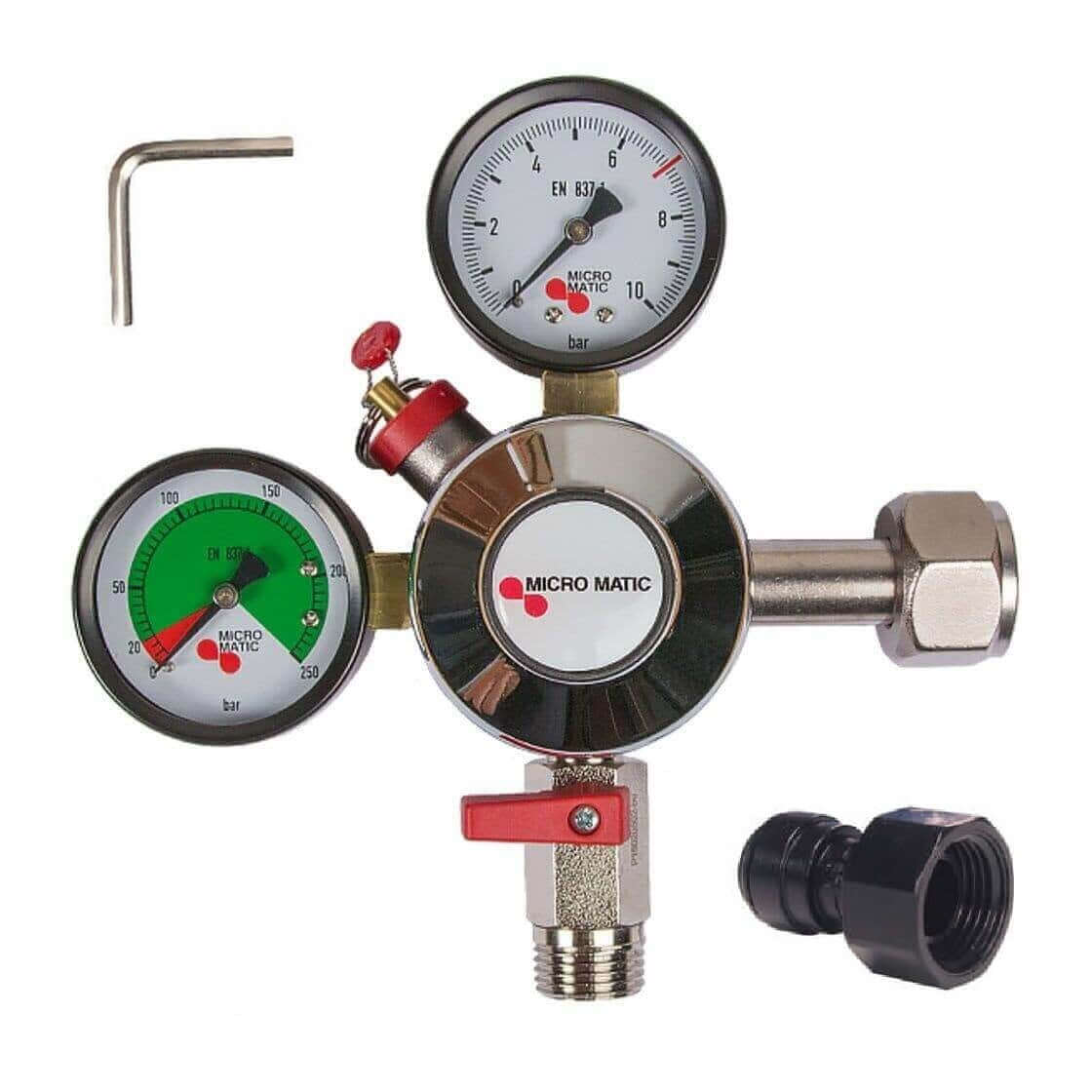 CO2 Druckminderer Micro Matic-John Guest Set mit Vordruckanzeige, Flascheninhaltsmanometer und Druckentlastungsventil.
