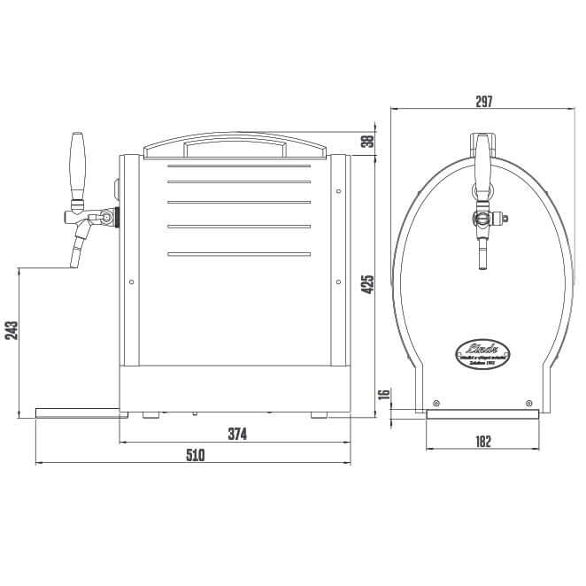 Technical drawing of Lindr Soudek 35 beer and wine dispensing unit with dimensions and features.