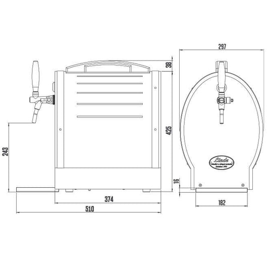 Technical drawing of Lindr Soudek 35 beer and wine dispensing unit with dimensions and features.