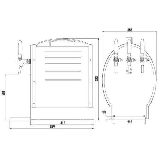 Lindr Soudek 50 beer and wine tap system dimensions diagram with labels for measurements.