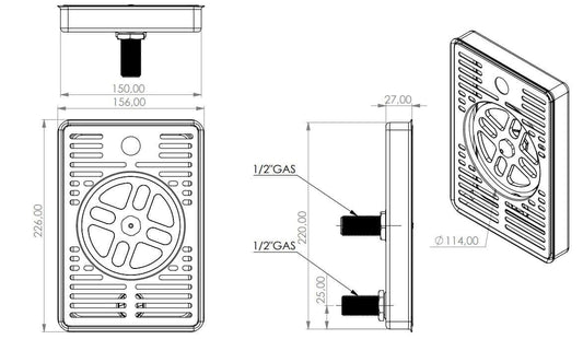 Technical drawing of a stainless steel drip tray with dimensions and connections for glasses shower and drainage.