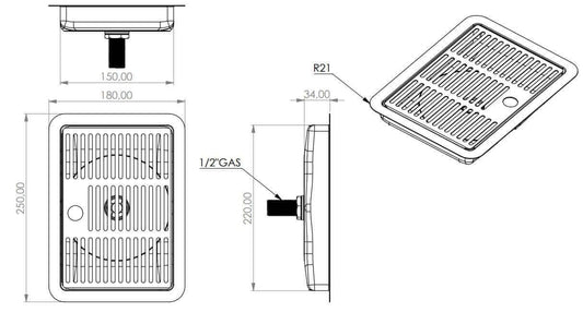 Technical drawing of Tropfblech Einbau mit Ablauf, dimensions and features of stainless steel drip tray.