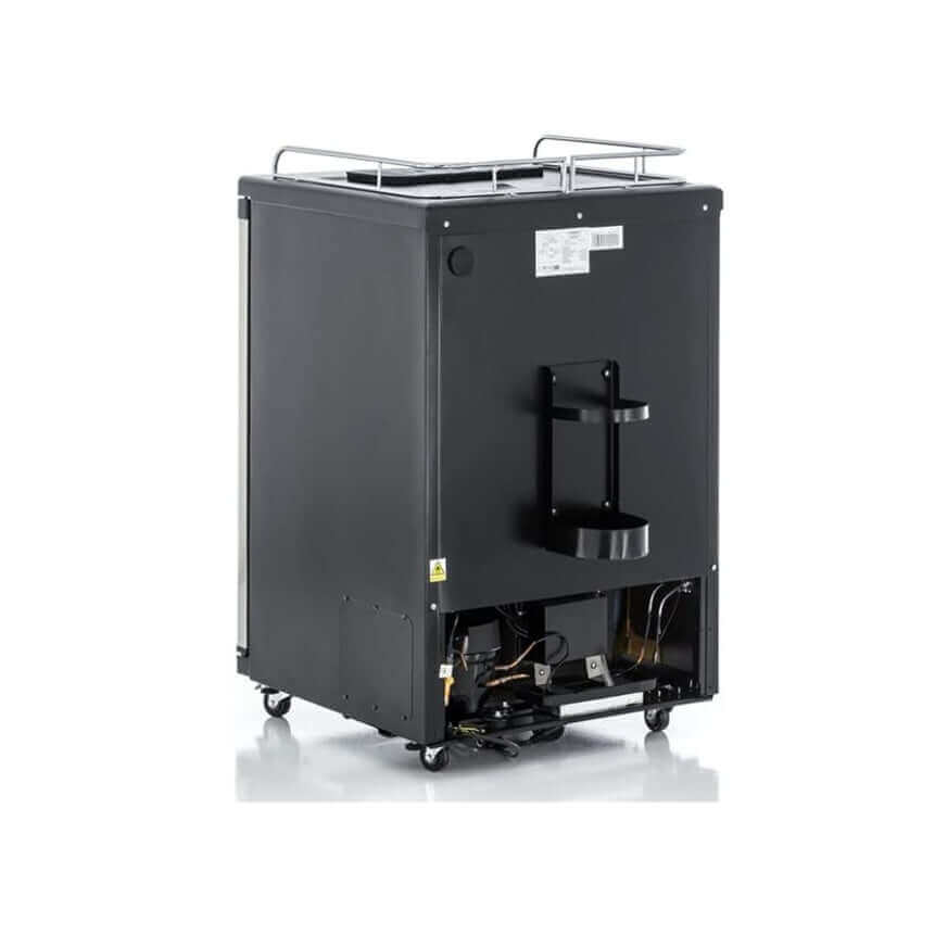 Fassbierkühlschrank BK 160 mit schwarzer Schanksäule und Edelstahl-Tropfkasten für perfekte Bierparty.