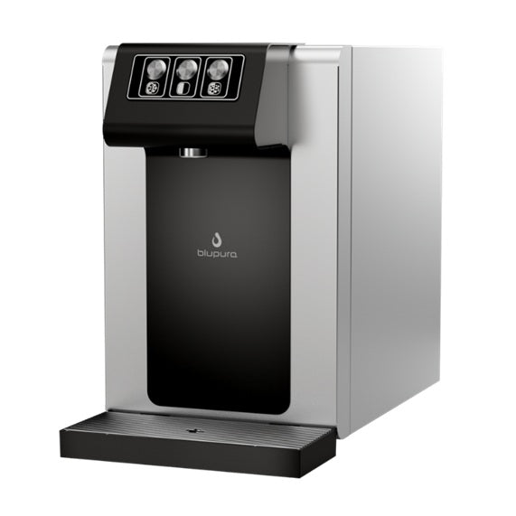 Tafelwasseranlage - BLUSODA 30 FIZZ in Edelstahl mit drei Ausgabestellen für stilles und sprudelndes Wasser.