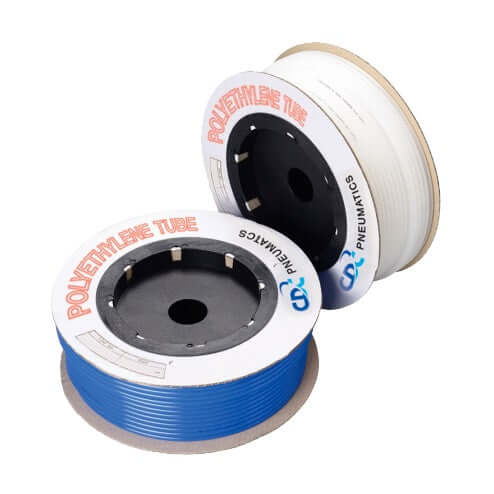Two rolls of polyethylene tube, one blue and one white, designed for pneumatic applications.