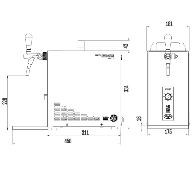 Lindr Zapfanlage PYGMY 20/K New Green Line Maße und technische Zeichnung  mit integrierten Kompressor.
