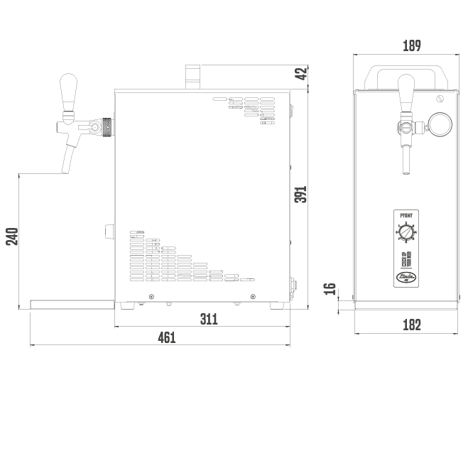 Technische Zeichnung der Trockenkühler Zapfanlage Lindr PYGMY 35/K Profi Green Line mit Abmessungen.