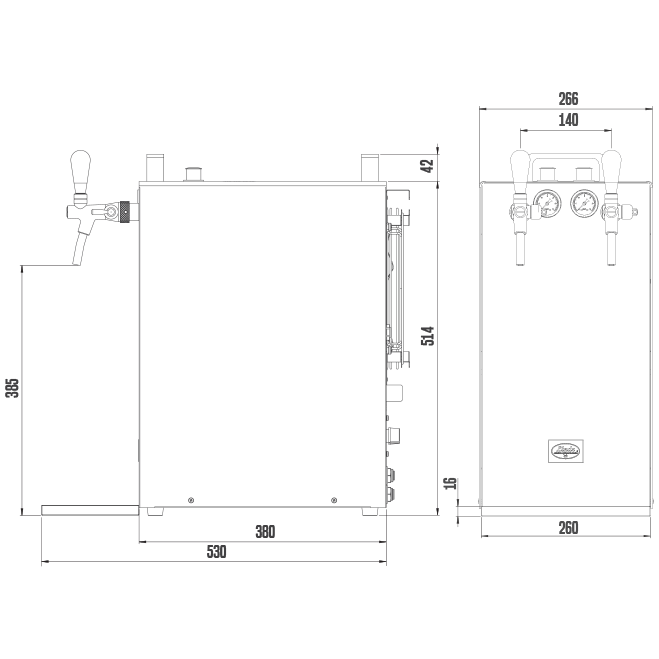 Zapfanlage Lindr Kontakt 155R technischen Zeichnung, Kühler mit zwei Druckminderern, Maßstab 1:1