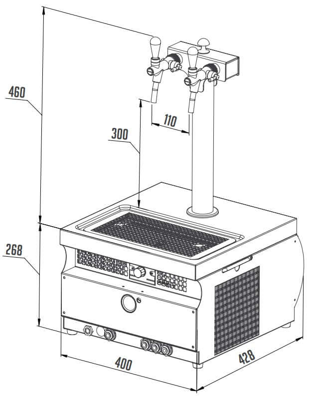 Lindr Bierkühler Kontakt 55K Profi Green Line diagram showing dimensions and features for dual beer dispensing.