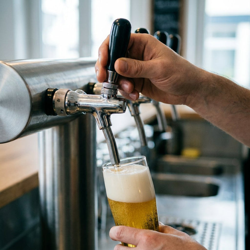 Nahaufnahme eines Edelstahl-Zapfhahns an einer Bierzapfanlage, während eine Person den Kompensator fein justiert und ein Bierglas mit stabiler Schaumkrone füllt.