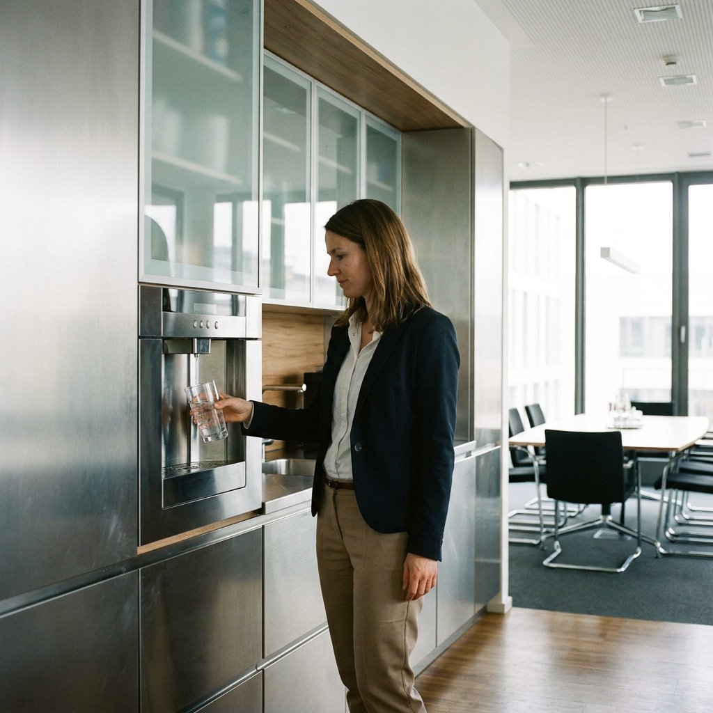 Moderner leitungsgebundener Wasserspender in einem hellen Büro, während eine Mitarbeiterin ein Glas Wasser zapft; aufgeräumte, professionelle Umgebung.