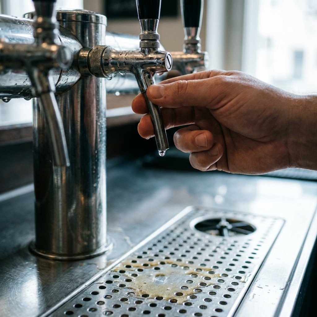 Nahaufnahme eines leicht tropfenden Bierzapfhahns an einer sauberen Theke, mit einzelner Tropfenbildung und unscharfem Barhintergrund.