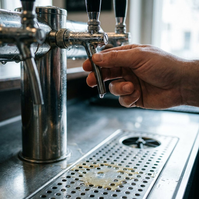 Nahaufnahme eines leicht tropfenden Bierzapfhahns an einer sauberen Theke, mit einzelner Tropfenbildung und unscharfem Barhintergrund.