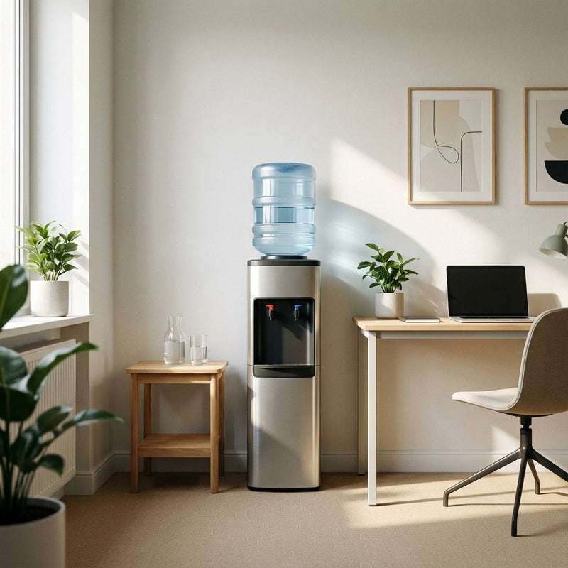 Freistehender Wasserspender mit aufgesetzter Gallone in einem hellen kleinen Büro, daneben Gläser und dezente Sitzmöbel im modernen Umfeld.