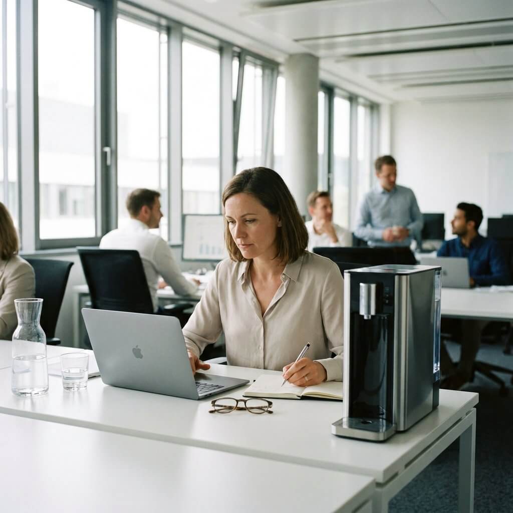 Moderner Wasserspender in einem hellen Büro, daneben eine Person mit Notizblock und Laptop, die Verbrauch und Kosten kalkuliert.