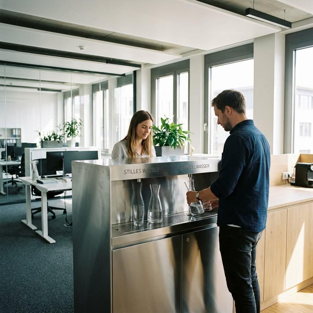 Moderner Wasserspender in einem hellen Büro, während Mitarbeitende Gläser mit gekühltem Wasser füllen und im Hintergrund an Schreibtischen arbeiten.