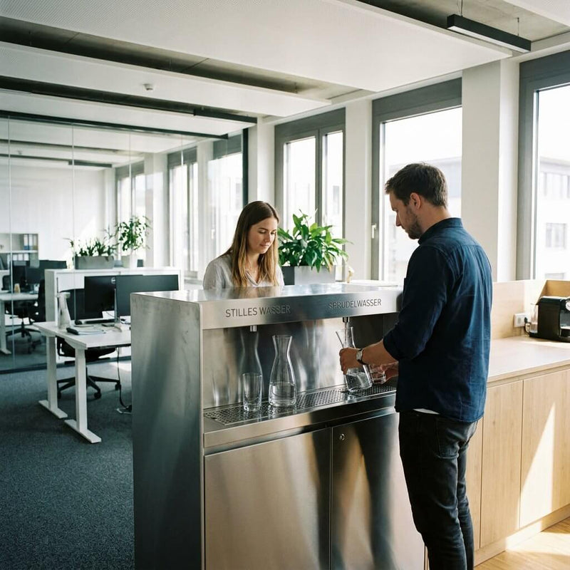 Moderner Wasserspender in einem hellen Büro, während Mitarbeitende Gläser mit gekühltem Wasser füllen und im Hintergrund an Schreibtischen arbeiten.