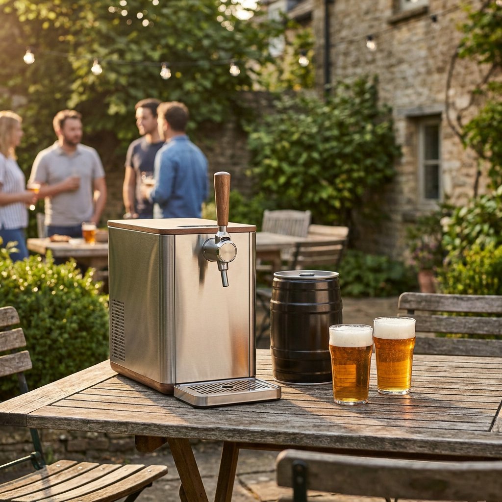 Kompakte Zapfanlage ohne CO2 auf Holztisch im Garten, daneben ein Bierfass und frisch gezapfte Gläser bei warmem Abendlicht.