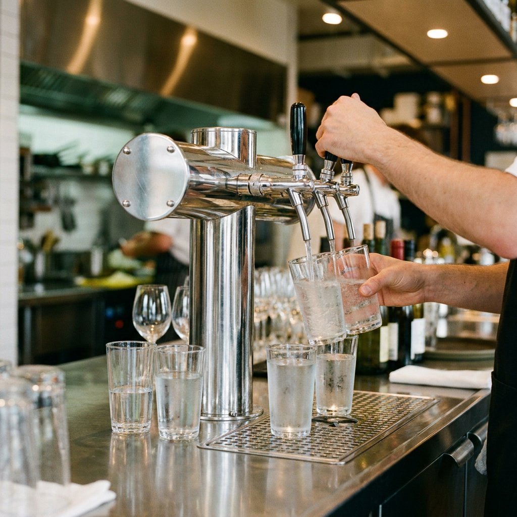 Edelstahl-Tafelwasseranlage an einer Restaurantbar, während ein Mitarbeiter gekühltes stilles und sprudelndes Wasser in Gläser zapft.