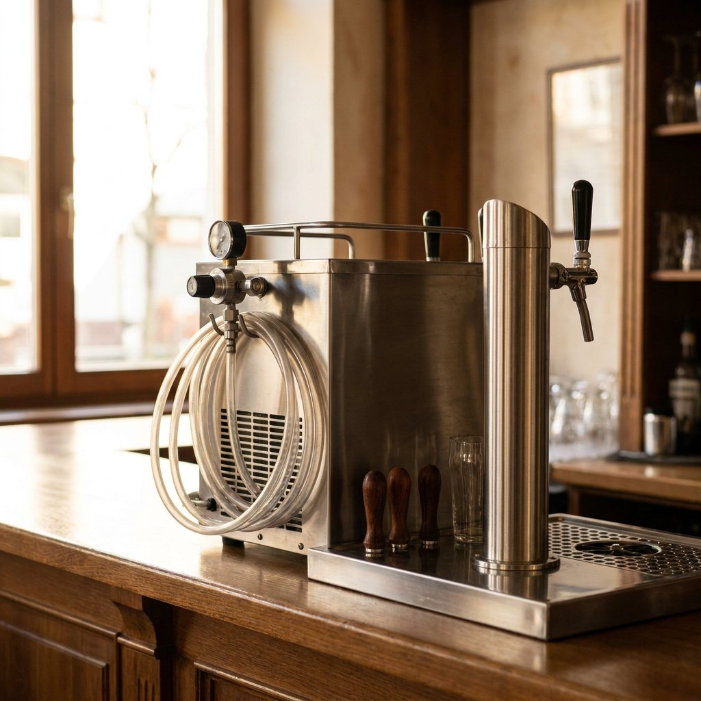 Moderne Zapfanlage mit Schanksäule, CO2-Komponenten und Gläsern auf einer sauberen Theke in heller europäischer Bar-Umgebung.
