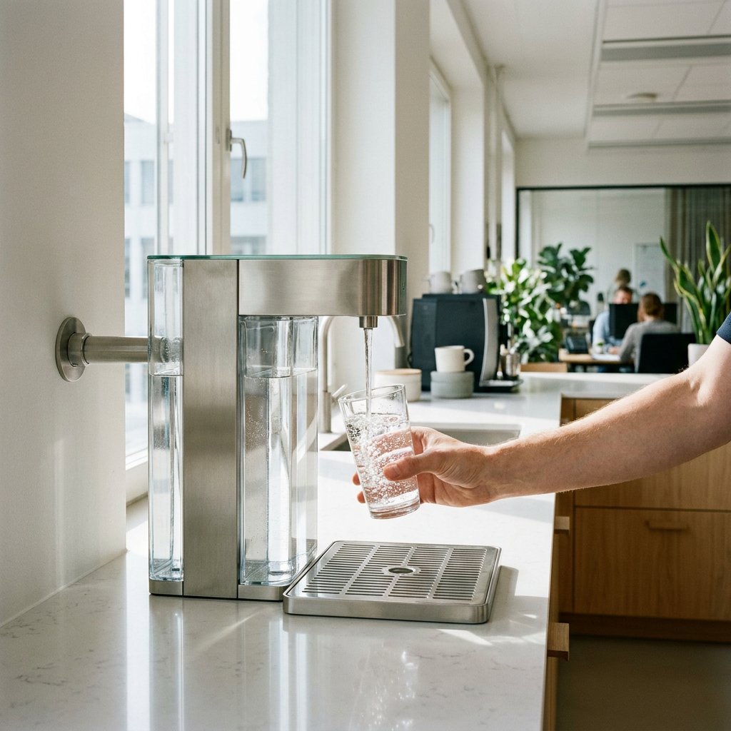Moderner Wasserspender mit Festwasseranschluss auf einer hellen Büroküche, daneben Glas und Karaffe, sauber, hochwertig und alltagsnah inszeniert.