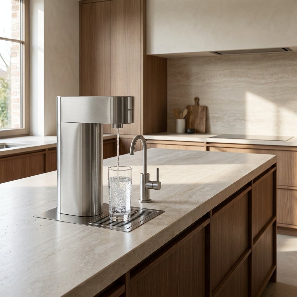 Edelstahl-Wassersprudler mit Festwasseranschluss auf heller Küchenarbeitsplatte, daneben Glas mit Sprudelwasser, klare Armatur und sauberes Design.