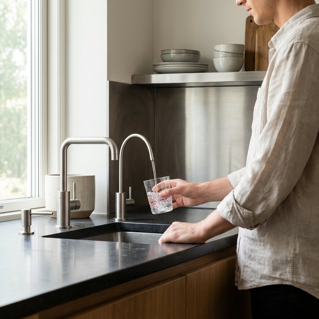 Moderne Wohnküche mit integrierter Tafelwasseranlage am Spülbecken, eine Person füllt ein Glas mit gekühltem stillem oder sprudelndem Wasser.
