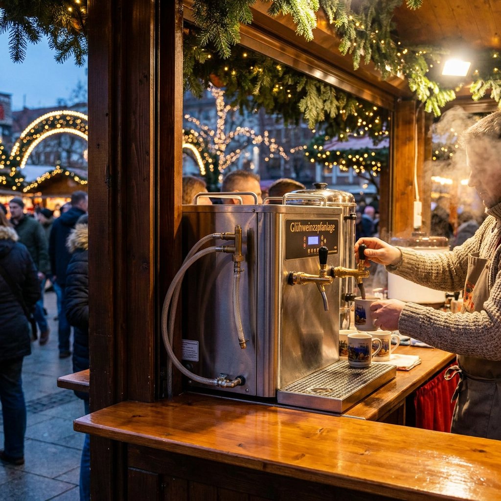 Professionelle Glühweinzapfanlage auf einer winterlichen Verkaufstheke, dampfender Ausschank bei warmem Licht in Weihnachtsmarkt-Atmosphäre.