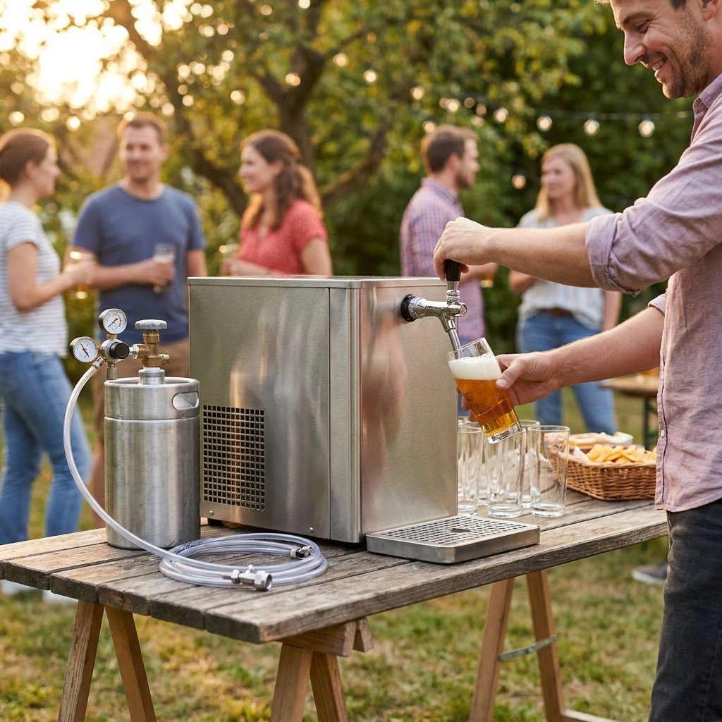 Mobile Zapfanlage mit Trockenkühler auf Holztisch bei einer Gartenfeier, frisch eingeschenktes Bier, Zubehör ordentlich arrangiert, warmes Abendlicht.
