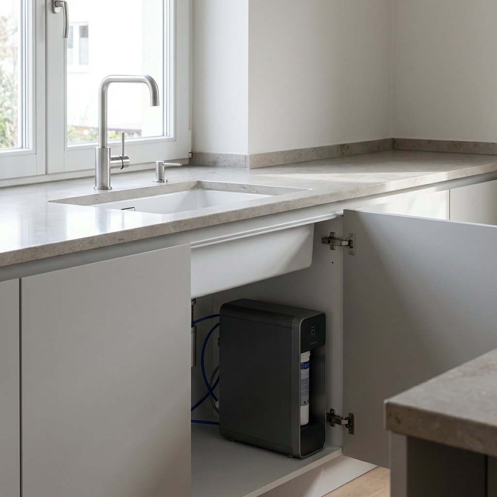 Moderne Einbauküche mit schlanker Zapfstelle über der Spüle, während unter dem Tresen eine professionelle Tafelwasseranlage sichtbar installiert ist.