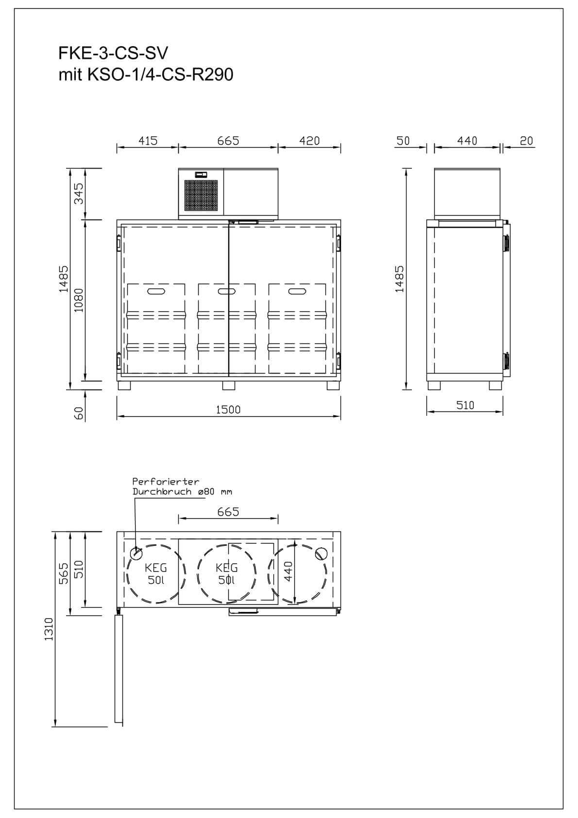 Technische Zeichnung des Fasskühlers FKE-3-CS-SV mit Abmessungen und Spezifikationen.
